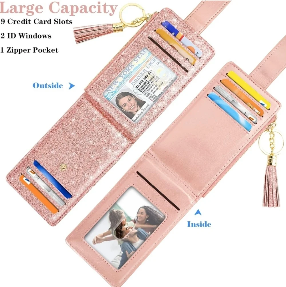 Glitter Pink Card Holder with Tassel Keychain